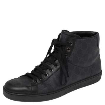 Pre Owned Gucci Black/Navy Blue GG Supreme Canvas And Leather Brooklyn High Top Sneakers Size 43