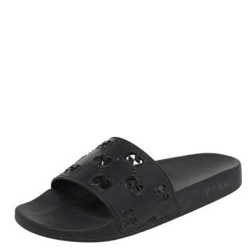 Pre Owned Gucci Black GG Cutout Rubber Pursuit Flat Slides Size 42