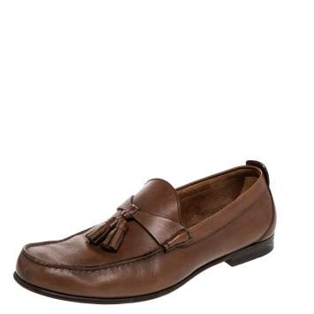 Pre Owned Gucci Brown Leather Tassel Slip On Loafers Size 41.5