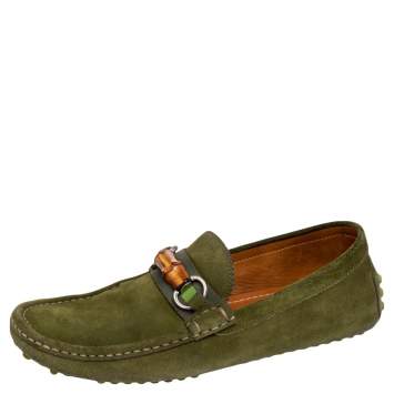 Pre Owned Gucci Green Suede Bamboo Horsebit Slip On Loafers Size 42.5