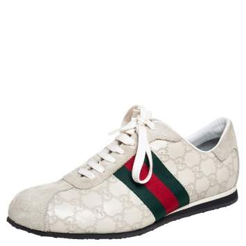 Pre Owned Gucci Off White Guccissima Leather and Suede Web Low Top  Sneakers Size 40