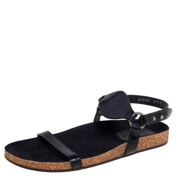 Pre Owned Gucci Black Glossy Leather Ankle Strap Flat Sandals Size 41.5