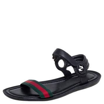Pre Owned Gucci Black Leather and Canvas Web Ankle Strap Flat Sandals Size 42