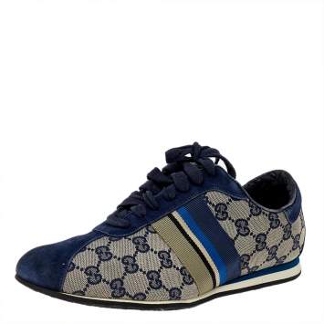 Pre Owned Gucci Blue/Beige GG Canvas And Suede Low Top Sneakers Size 39.5