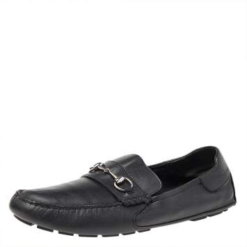 Pre Owned Gucci Black Leather Horsebit Slip On Loafers Size 46.5