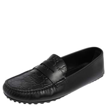 Pre Owned Gucci Black Guccissima Leather Slip on Loafers Size 42.5