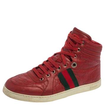 Pre Owned Gucci Red Guccissima Leather Web Detail High Top Sneakers Size 41.5