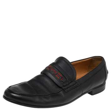 Pre Owned Gucci Black Leather Web Interlocking GG Horsebit Detail Loafers Size 44