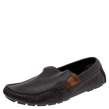 Pre Owned Gucci Brown Leather Web Slip On Loafers Size 41.5