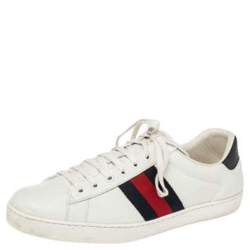 Pre Owned Gucci White Leather Web Ace Low Top Sneakers Size 43