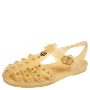 Pre Owned Gucci Beige Rubber Studded Buckle Strap Sandals Size 42