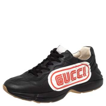Pre Owned Gucci Black Leather Logo Print Rhyton Low Top Sneakers Size 46