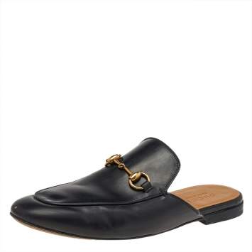 Pre Owned Gucci Black Leather Princetown Horsebit Mules Size 41.5