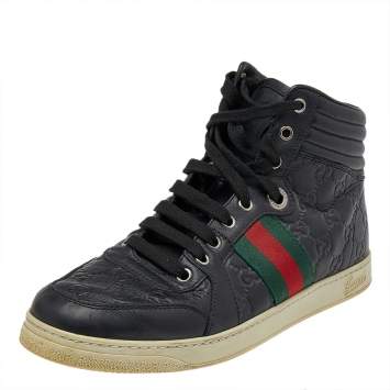 Pre Owned Gucci Black Guccissima Leather Web Detail High Top Sneakers Size 40.5
