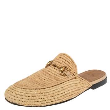 Pre Owned Gucci Beige Raffia Princetown Horsebit Mule Sandals Size 40