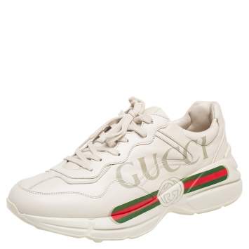 Pre Owned Gucci Cream Leather Rhyton Logo Low Top Sneakers Size 43