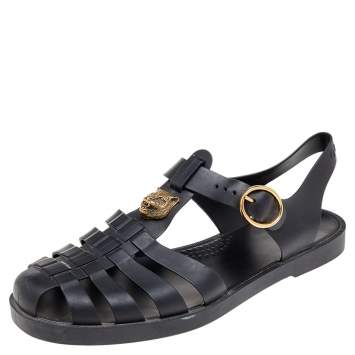 Pre Owned Gucci Black Rubber GG Marmont And Tiger Embellished Buckle Strap Sandals Size 42