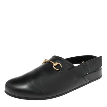 Pre Owned Gucci Black Leather River Sling Horsebit Mule Sandals Size 45
