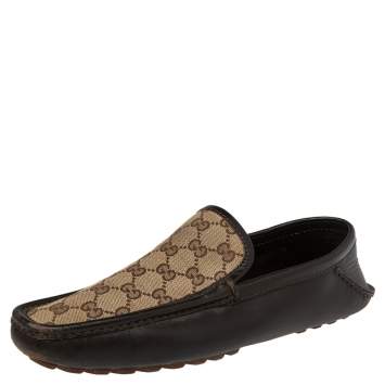 Pre Owned Gucci Brown/Beige GG Canvas And Leather Slip On Loafers Size 42.5