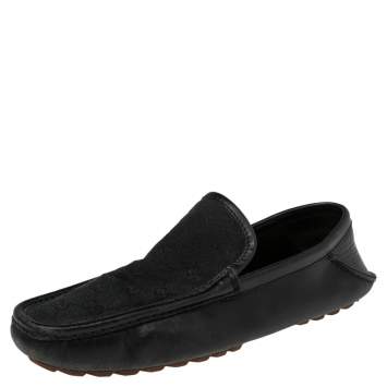 Pre Owned Gucci Blue/Black Leather and GG Canvas Slip On Loafers Size 42.5