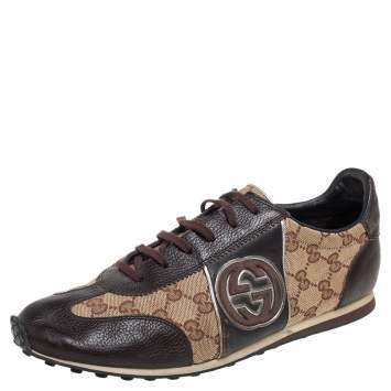 Pre Owned Gucci Brown/Beige GG Canvas and Leather Interlocking G Sneakers Size 43.5
