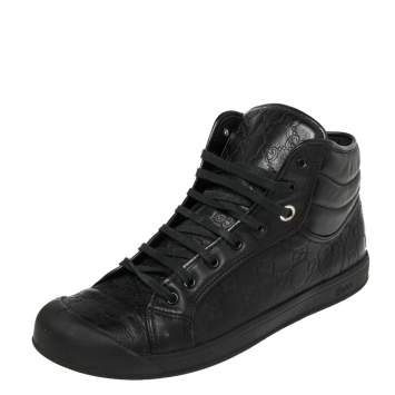 Pre Owned Gucci Black Guccissima Leather Web High Top Sneakers Size 43