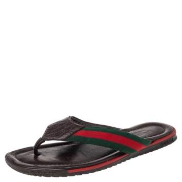 Pre Owned Gucci Brown Micro Guccissima Leather Web Thong Flip Flop Sandals Size 40