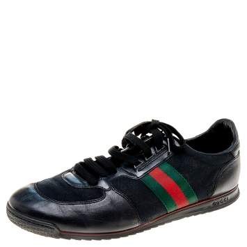 Pre Owned Gucci Black GG Canvas and Leather Web Low Top Sneakers Size 45