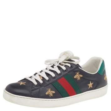 Pre Owned Gucci Black Bee & Star Embroidered Leather Ace Low Top Sneakers Size 41.5