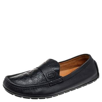 Pre Owned Gucci Black Micro Guccissima Leather Slip On Loafers Size 41.5