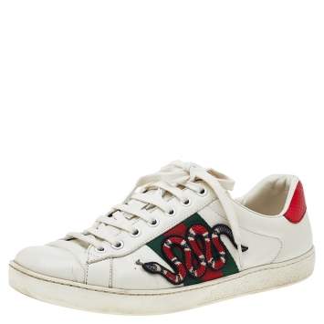 Pre Owned Gucci White Leather And Python Embossed Leather Ace Snake Embroidered Low Top Sneakers Size 41.5