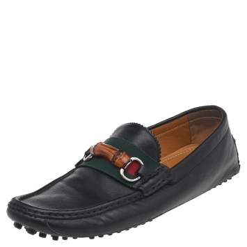 Pre Owned Gucci Black Leather Bamboo Horsebit Slip On Loafers Size 42