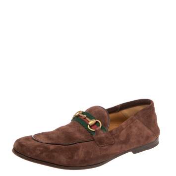 Pre Owned Gucci  Brown Suede Web Horsebit Slip On Loafers Size 39.5
