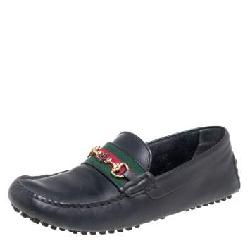 Pre Owned Gucci Black Leather Web Horsebit Loafers Size 42.5