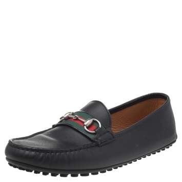 Pre Owned Gucci Black Leather Web Horsebit Loafers Size 42.5