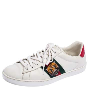 Pre Owned Gucci White Leather Ace Embroidered Tiger Low Top Sneakers Size 42