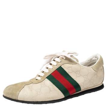 Pre Owned Gucci White Guccissima Leather And Suede Web Detail Sneakers Size 41