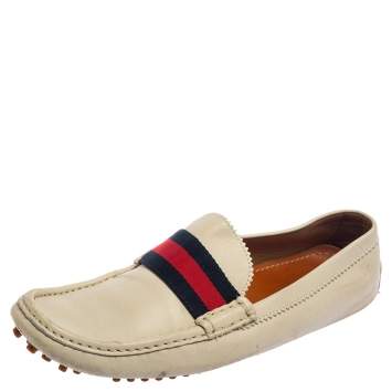 Pre Owned Gucci White Leather Web Slip On  Loafers Size 44.5