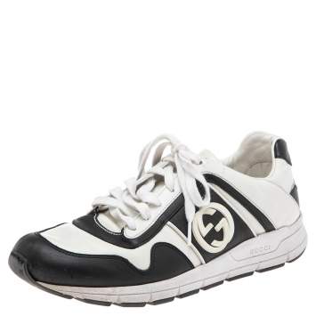 Pre Owned Gucci Black-White Leather Interlocking G Lace Sneakers Size 39