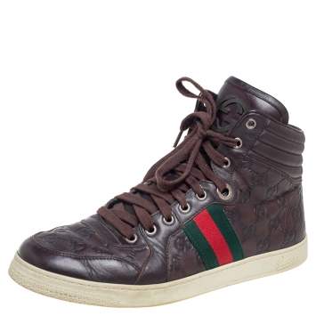 Pre Owned Gucci Brown Guccissima Leather Web Detail High Top Sneakers Size 42.5