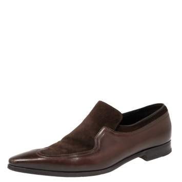 Pre Owned Gucci Brown Suede And Leather Slip On Wingtip Loafers Size 40.5