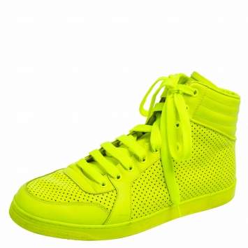 Pre Owned Gucci Neon Green Perforated Leather Lace Up High Top Sneakers Size 41