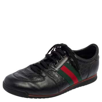 Pre Owned Gucci Black Guccissima Leather Web Low Top Sneakers Size 44.5