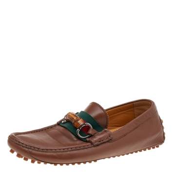Pre Owned Gucci Brown Leather Bamboo Web Slip On Loafers Size 42.5