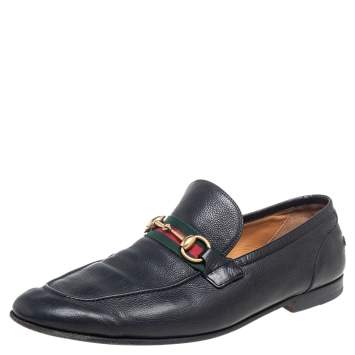Pre Owned Gucci Black Leather Web Horsebit Loafers Size 44