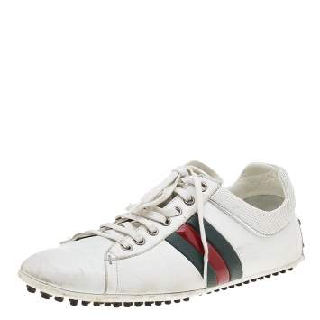 Pre Owned Gucci White Leather Web Detail Loafer Sneakers Size 42.5