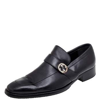Pre Owned Gucci Black Leather Interlocking G Slip On Loafers Size 42