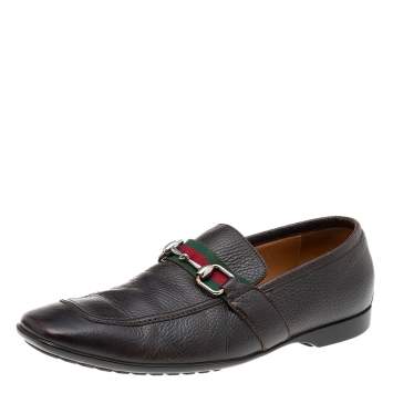 Pre Owned Gucci Dark Brown Leather Horsebit Web Slip On Loafers Size 41.5