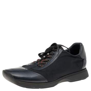 Pre Owned Gucci Black Leather And Nylon Low Top Sneakers Size 45.5