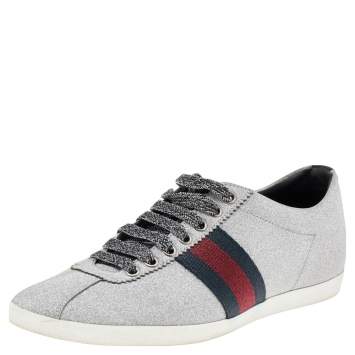 Pre Owned Gucci Metallic Silver Glitter Bambi Web Detail Studded Low Top Sneakers Size 40.5